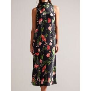 Ted Baker NWT Black Floral Connihh High Cowl Neck Midi Slip Dress Size 2